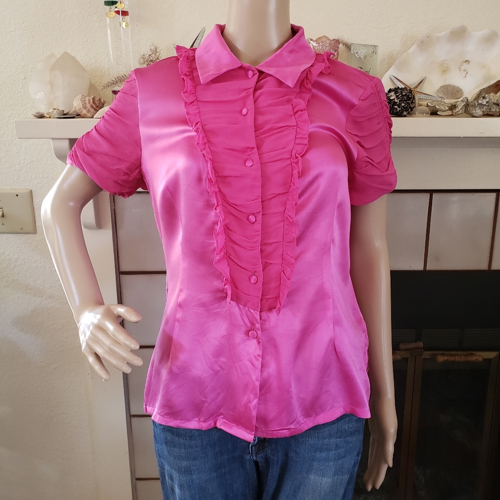 Hot Pink 100% Silk Blouse Size Small S Chloe Dao
